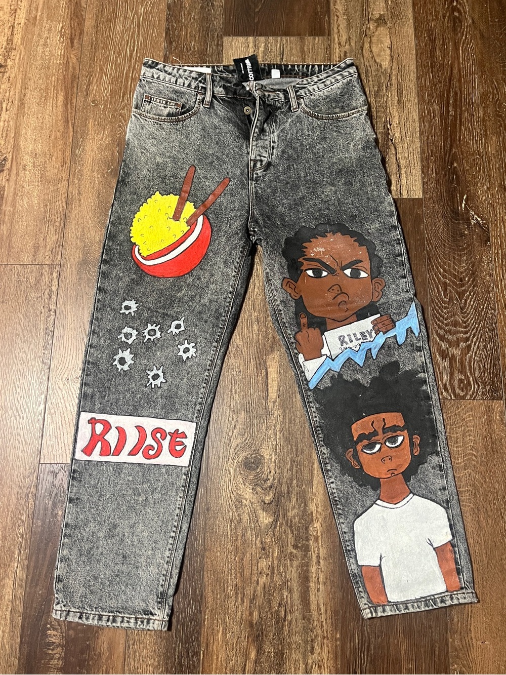 Men's Boondocks Black Acid-Wash Straight Jeans with Riley & Huey artwork